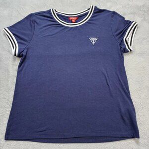 GUESS Women's T-Shirt Large Navy Blue Ringer Tee Striped Trim Embroidered Logo